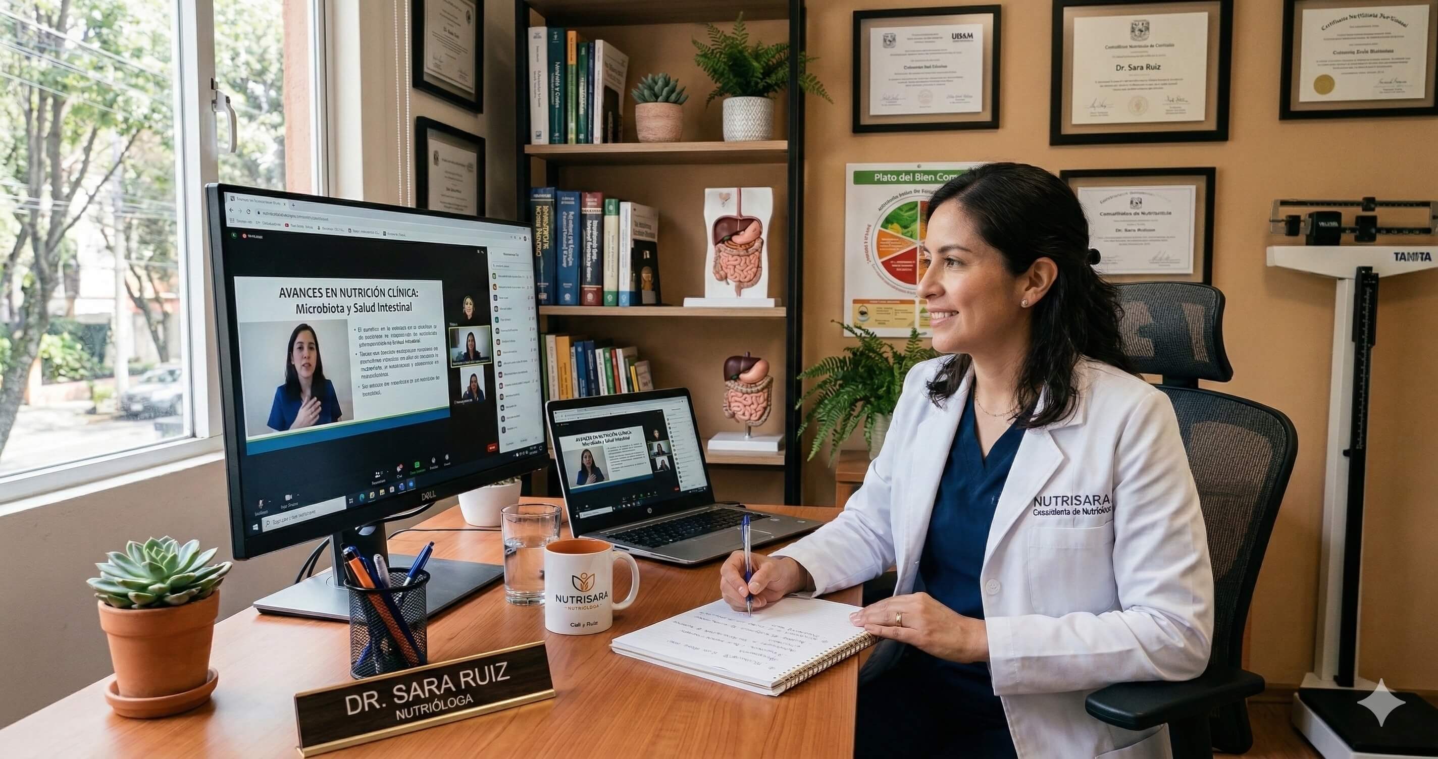 Nutrióloga viendo un webinar en su consultorio
